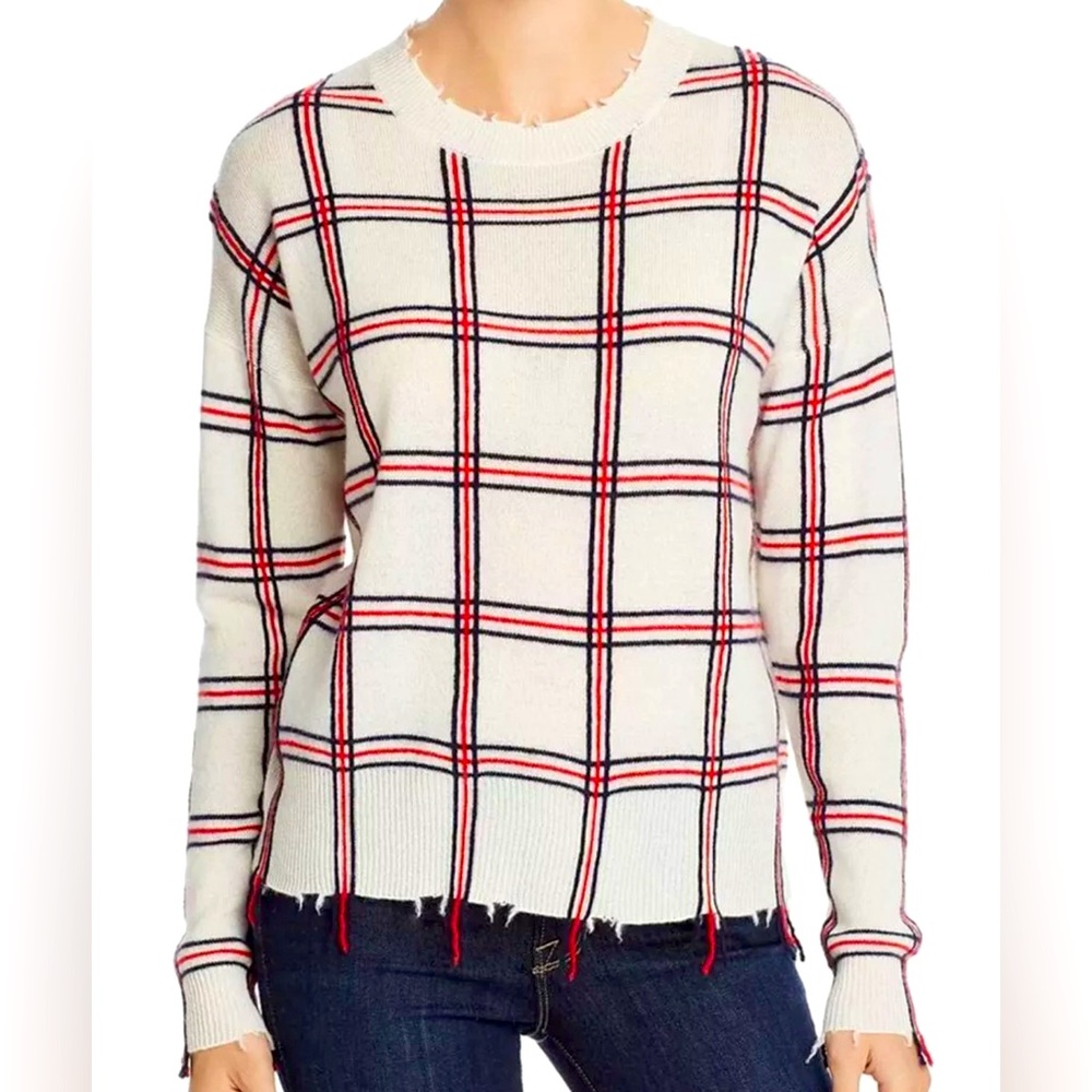 Aqua Womens Ivory Plaid Crew-Neck Long-Sleeve Cashmere Sweater Sweatshirt S